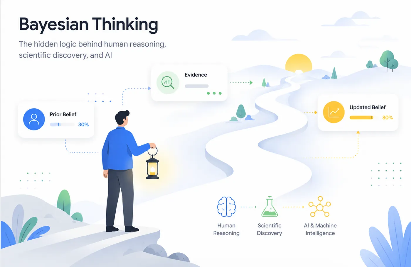 Bayesian thinking process: Prior Belief 30% flows through Evidence to Updated Belief 80%, applied across Human Reasoning, Scientific Discovery, and AI